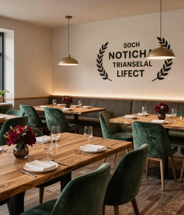 A wide-angle professional photograph of a cozy Scandinavian-style restaurant dining room. The room features rustic wooden tables, matte forest green velvet chairs, and soft warm lighting. On the tables are small deep ripe crimson floral arrangements. The atmosphere is inviting and sophisticated.