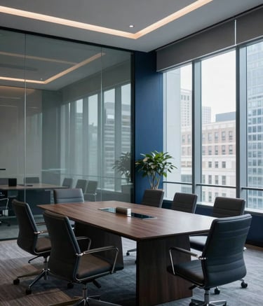 A high-end photography of a professional corporate boardroom in a North American city, featuring sleek glass walls, dark blue accents, and minimal modern furniture, conveying financial authority and stability.