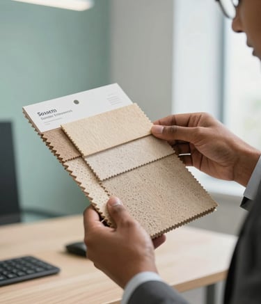 A close-up photograph of a South Asian professional in formal attire holding a sustainable material sample in a bright, modern office. The lighting is soft and natural, emphasizing a professional and trustworthy environment. The background features hints of a sea green and mint colored wall.