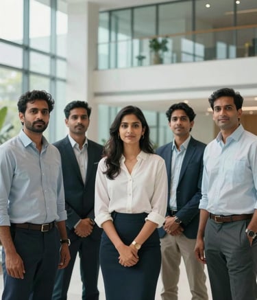 A professional portrait of a diverse South Asian consulting team standing together in a modern lobby with glass walls and indoor greenery. The atmosphere is professional, sleek, and focused on environmental excellence, utilizing soft teal and off-white tones.