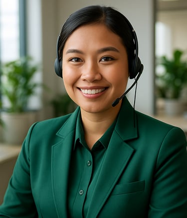 Photography of a friendly Southeast Asian / Indonesian customer service representative wearing a professional green uniform, sitting in a bright, modern office with natural light and indoor plants, looking approachable.