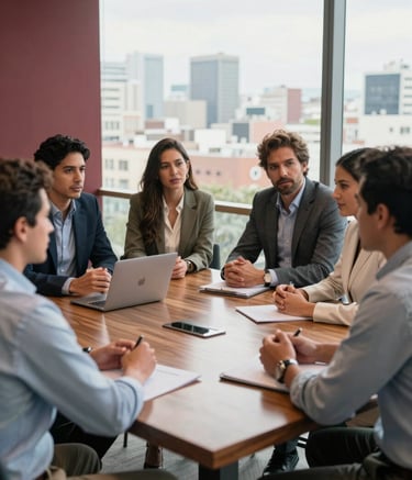 A high-quality photography of a group of diverse professionals in a light-filled, modern conference room in a Latinoamericano / Español city. They are engaged in a collaborative discussion around a wooden table. The lighting is bright and natural, reflecting a professional and sophisticated atmosphere with subtle deep red and earthy brown accents in the decor.