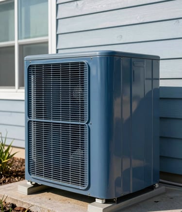 A modern air conditioning outdoor unit installed beside a North American / US house on a sunny day. Clean, professional composition with Steel Blue and Light Steel Blue tones.