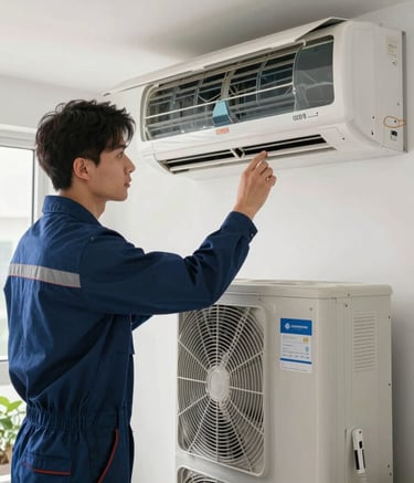 A professional technician in a North American / US home, inspecting a modern indoor AC unit. Bright, clean setting with Dark Navy Blue and Steel Blue tones.
