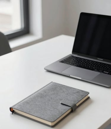 A high-end, minimalist workspace in a bright North American office. A sleek black laptop sits on a white desk alongside a professional grey notebook. The composition is clean and modern, with soft natural light highlighting the professional atmosphere.