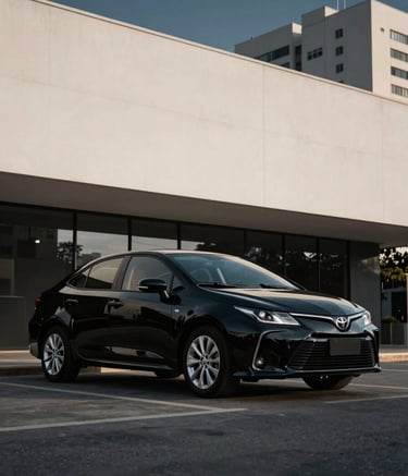 A sleek, black Toyota Corolla parked in front of a modern minimalist building in a South American / Brazilian city. The car is perfectly detailed, reflecting the midnight charcoal blue sky. The composition is cinematic and professional, using soft off-white lighting to emphasize the vehicle's curves.