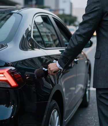 A close-up shot of a professional driver in a charcoal grey suit opening the rear door of a polished black Toyota Corolla. The scene is set on a modern street in a South American / Brazilian business district at dusk. The lighting is moody and sophisticated, highlighting the metallic sheen of the car with steel grey blue reflections.