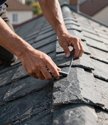 A close-up photograph of a professional roofer's hands installing dark grey slate tiles on a roof in a Central European / French residential area. The lighting is bright morning sun, highlighting the texture of the slate and the precision of the work. The style is professional and clean.