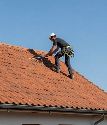 A wide-angle professional photograph of a roofer in safety gear working on a terracotta tile roof of a modern house in the Central European / French countryside. Clear blue sky, clean composition, emphasizing reliability and professional craftsmanship.