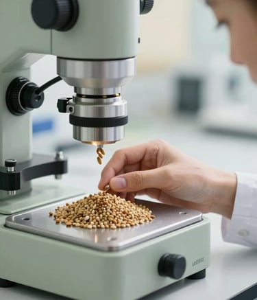A sharp, detailed photograph of high-quality grains being inspected by a professional in a modern laboratory setting. The lighting is bright and clean, with muted sage and soft cream accents in the background.