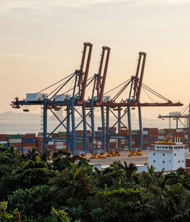 A high-angle, professional photograph of a bustling international container port at dawn. The scene is dominated by deep forest green and dark teal industrial cranes against a soft cream sky. The atmosphere is one of sophisticated efficiency and global movement.