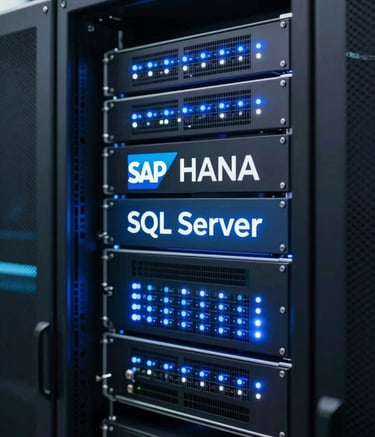 A close-up of a high-tech server environment with glowing blue and white LEDs, representing SAP HANA and SQL Server infrastructure. The lighting is clean and modern, incorporating the brand's professional #1A2E3D and #3C6B8D tones to convey security and high performance.