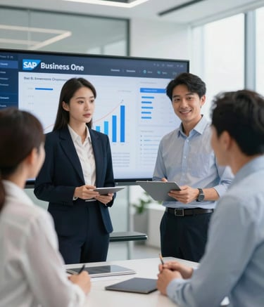 Professional business consultants in a modern, brightly lit office collaborating over a digital dashboard showing SAP Business One analytics. The aesthetic is corporate and forward-thinking, featuring clean architectural lines and a palette of #3C6B8D and #F8FBFD.