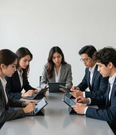 Professional team working in a minimalist office setting. They are gathered around a sleek table with digital tablets, reviewing marketing analytics. The environment is clean and professional, with polished finishes and soft lighting. The scene captures a Spanish-speaking business environment in North America.