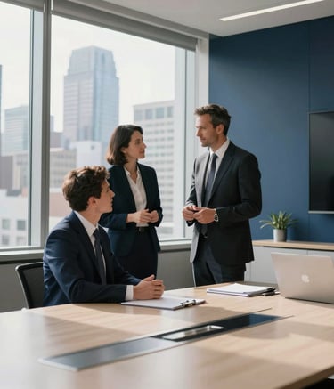 A high-end, modern boardroom in a North American corporate building. Two professionals in sophisticated business attire engage in a strategic discussion near a large window overlooking a metropolitan skyline. The lighting is bright and natural, reflecting an atmosphere of trust and success. Accents of dark blue and off-white are visible in the interior design.