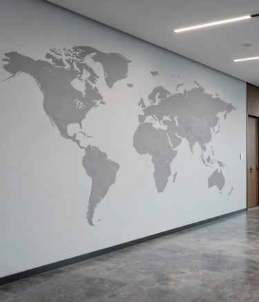 A wide shot of a sophisticated office hallway featuring a subtle world map mural on a light grey wall. The flooring is polished and reflects the professional ambient lighting. The style is modern and minimalist, conveying a sense of global reach and strategic expertise.