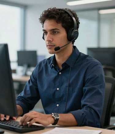 A professional South American engineer wearing a headset in a modern, brightly lit office in Brazil, looking focused and professional, steel blue and navy tones in the background, sharp photography.