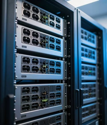 Detailed photography of high-end networking hardware and servers in a Brazilian data center, lit with steel blue and light blue ambient lighting, conveying technical precision and reliability.
