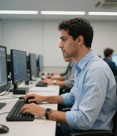 A professional South American male engineer in a light blue shirt, working in a modern control room with multiple monitors, professional atmosphere, Brazilian office setting, soft tech-focused lighting.