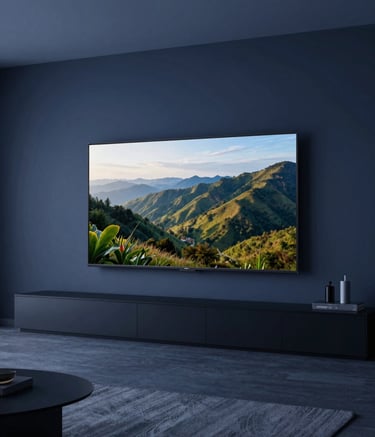 A wide shot of a minimalist, luxury living room at twilight. A large ultra-slim television is mounted on a dark slate blue wall, showing a crisp, bright cinematic landscape. The ambient lighting in the room is soft indigo blue.