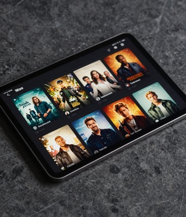 A close-up photograph of a modern, sleek tablet lying on a dark charcoal gray marble surface, displaying a high-definition channel guide with vibrant movie posters. The lighting is soft and professional, highlighting the intuitive interface and deep blacks of the screen.