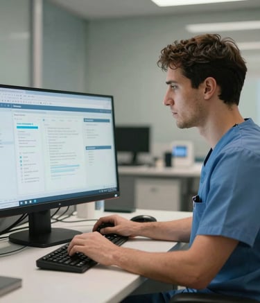 An expert specialist in a modern medical uniform working with clinical software on a sleek screen. The environment is a professional office in Barcelona, with a focus on trust and innovative healthcare technology.