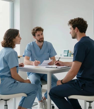 A professional consultation room in a modern Spanish occupational health clinic. Soft natural light, minimalist furniture in light blue and navy tones, showing a sophisticated and trustworthy clinical atmosphere.