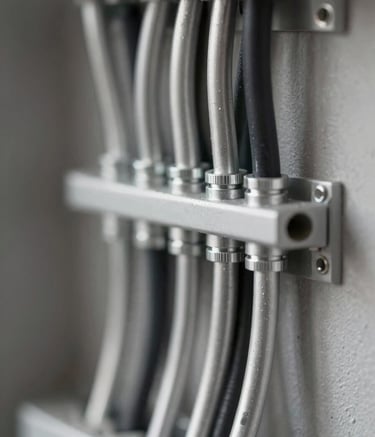 A detailed, close-up shot of high-quality, professional electrical wiring inside a wall, showing organized silver conduits and clean connections. The lighting is sharp, emphasizing precision and safety. The style is modern and industrial, incorporating subtle silver (#DCDCDC) and black (#1C1C1C) tones.