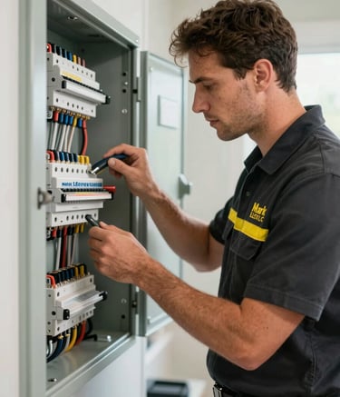 A professional electrician from Mark Electric LLC, wearing a clean uniform, expertly inspecting a modern residential electrical panel in a Connecticut home. The lighting is bright and clean, with the brand's yellow (#E8C547) and black (#1C1C1C) colors visible in the branding of the uniform and tools. Modern, professional aesthetic.
