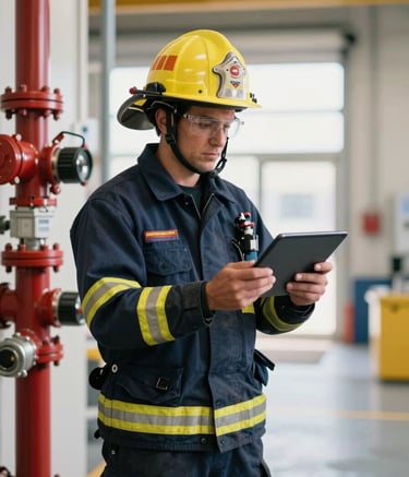A professional North American fire safety inspector in a dark blue uniform, holding a digital tablet and carefully examining a fire suppression system in a bright, modern commercial facility.