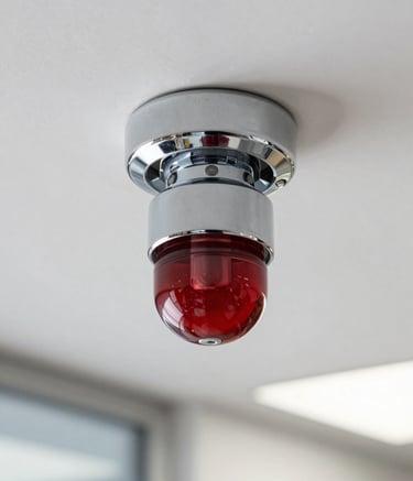 A close-up photograph of a modern, chrome-finished fire sprinkler head mounted on a clean white ceiling in a North American commercial office. The lighting is bright and professional, highlighting the metallic texture and the red glass bulb, with a soft blur on the modern architectural background.