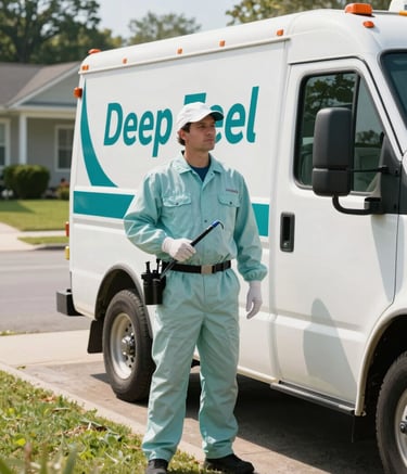A professional pest control technician in a clean uniform standing next to a branded white service truck in a North American / US residential neighborhood during a bright, sunny morning. The lighting is soft and natural. Colors include Cloud Mist and Deep Sea Teal.