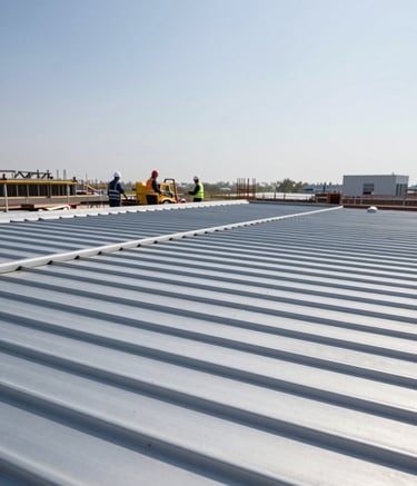 A wide-angle view of a large-scale industrial zinc roof project under construction. Professional workers wearing safety gear are visible in the background, emphasizing expertise. The composition is dynamic, showing the architectural scale. The scene features the brand palette colors like #455A64 and #ECEFF1 in the metal and sky.