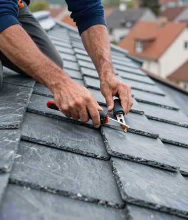 A close-up photograph of a professional roofer's hands using traditional tools to adjust high-quality grey slate tiles on a roof in a Western European town. The lighting is bright and clear, highlighting the precision of the work. The palette features medium blue and light grey tones.