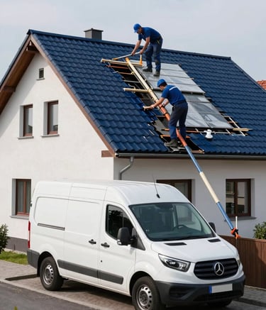 A wide shot of a professional roofing intervention in a Western European residential area. A clean white service van is parked in front of a house with a damaged roof being repaired by experts. The atmosphere is efficient and reassuring, with soft daylight and dark blue accents.