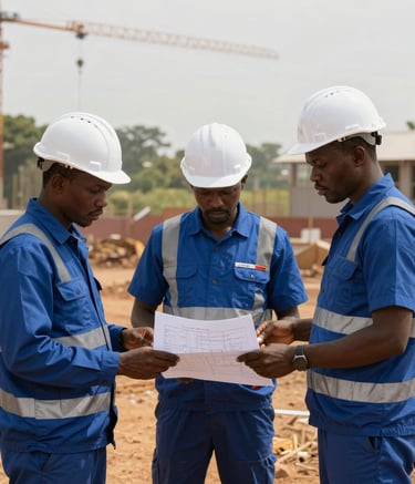 Une photographie professionnelle d'un chantier de construction dynamique en Côte d'Ivoire. Un ingénieur en tenue de sécurité bleu marine et casque blanc examine des plans sur le site. La lumière naturelle du matin souligne le professionnalisme et la fiabilité de l'entreprise. Palette de couleurs : bleu profond et or mat.