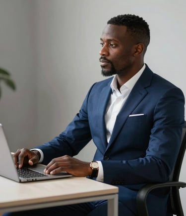 Un consultant ivoirien élégant en costume moderne debout dans un bureau lumineux au design minimaliste. Il regarde vers l'avenir avec confiance, symbolisant la fiabilité de l'investissement chez MYRACLES GROUP. Couleurs dominantes : bleu de prusse et gris clair.