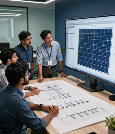 A group of professional solar engineers in a modern South Asian / Indian design studio, collaboratively reviewing large-scale solar project schematics on a digital screen. The office atmosphere is professional and forward-thinking, featuring accents of Muted Teal and Deep Blue in the decor.