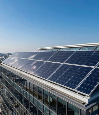 Professional architectural photography of high-efficiency solar panels installed on the roof of a modern glass building in a South Asian / Indian city. The clear sky is a brilliant Deep Blue. The composition is angled to show innovation and sustainability, with Mist White reflections on the panel surfaces.