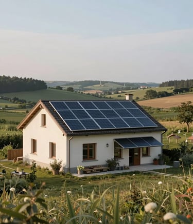 A wide-angle landscape shot of a beautiful Central European / French residence with integrated solar energy systems. The image evokes a sense of peace, comfort, and sustainable modern living with soft natural lighting.