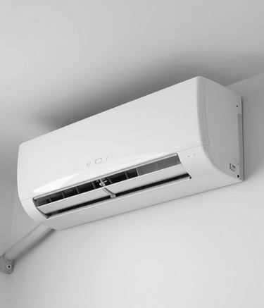 A close-up photograph of a sleek, modern air conditioning unit installed on a clean white wall in a Central European / French home. The lighting is bright and natural, highlighting the modern design and professional finish of the installation.