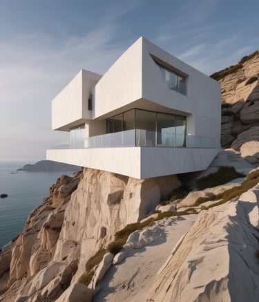 A sleek, futuristic home rendered with sharp angles and glass facades glowing at sunset.