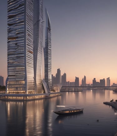 Nighttime visualization of a contemporary house with illuminated large windows and terrace.