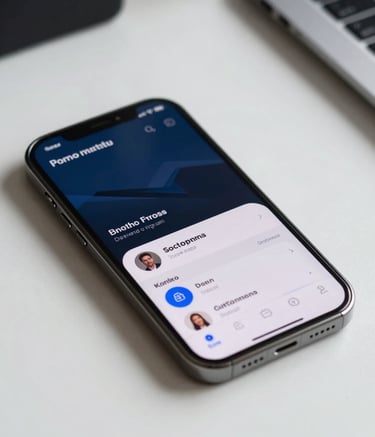 A close-up photography shot of a high-resolution smartphone screen displaying a sophisticated application with dark blue and light gray interface elements, resting on a clean white desk in a North American tech hub office, professional soft lighting.