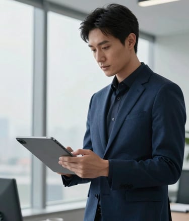 High-end modern office interior in North America, a designer working on a tablet with sleek hardware, soft natural light through large windows, professional atmosphere, featuring colors of deep blue and light gray.