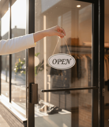 Image of a hand hanging an "open" sign on a glass storefront