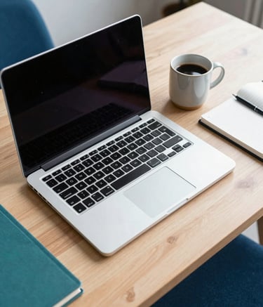 A top-down view of a modern, clean workspace in a Brazilian creative studio. A premium laptop is open on a light wood desk, next to a ceramic coffee mug and a notebook. The scene is bright and professional, with hints of teal and deep blue in the accessories.