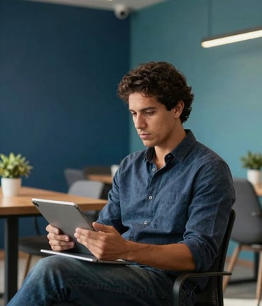 A professional South American / Brazilian freelancer sitting in a modern, sunlit co-working space in Brazil. They are looking thoughtfully at a tablet, dressed in smart-casual attire. The background is a clean, minimalist office with deep blue and teal accents, using soft natural light and professional composition.
