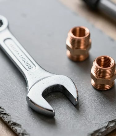 A close-up photograph of high-quality plumbing tools including a chrome wrench and copper pipe fittings resting on a clean slate gray surface. The lighting is bright and professional, emphasizing a sense of precision and readiness for expert repair work in a Middle Eastern / Turkish setting.