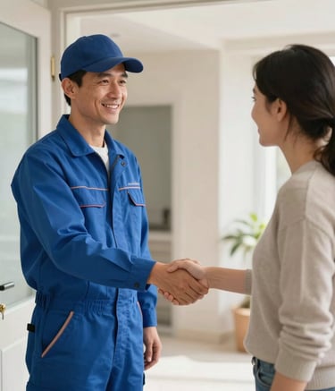 A professional plumber in a medium blue uniform shaking hands with a satisfied customer in a modern, well-lit Turkish home entrance. The atmosphere is warm and trustworthy, highlighting professional service and reliability with a color palette of light blue and off-white.